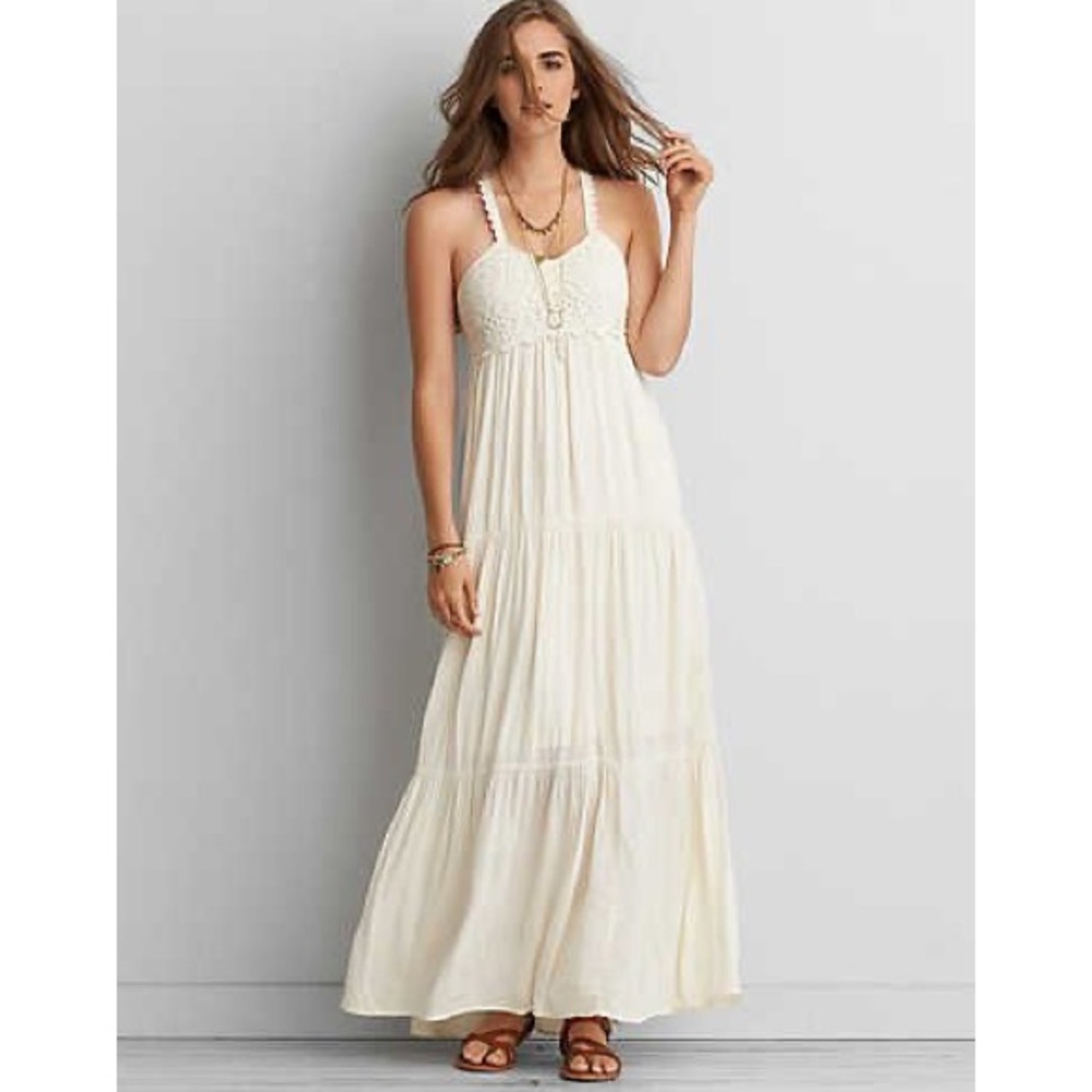 American Eagle cream crochet tiered bohemian maxi dress Sz S